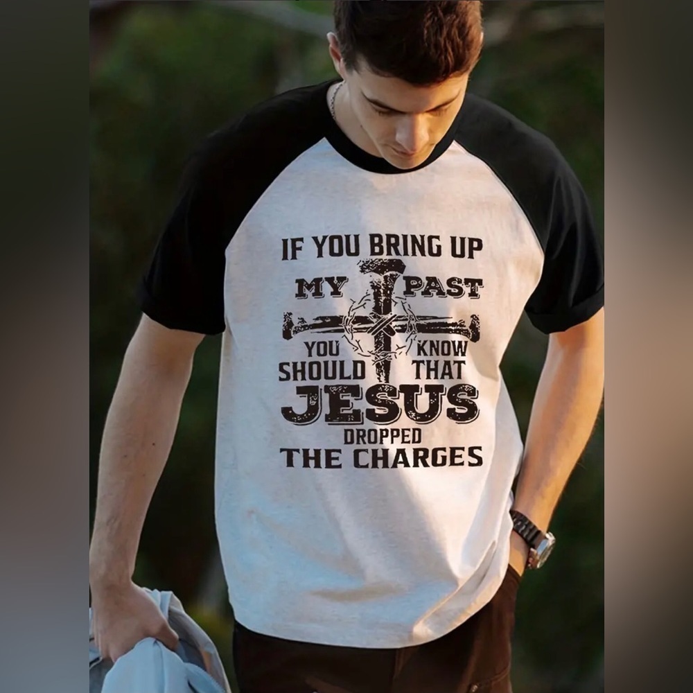 Gray Religious Christian God Jesus Dropped the Charges SS Raglan T-Shirt